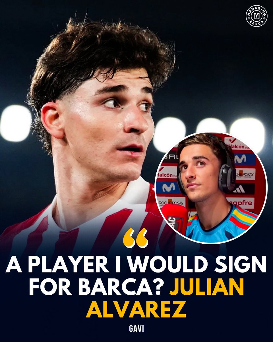 ManagingBarca's tweet photo. 🚨🗣️ Gavi: “A player I would sign for Barcelona? Julian Alvarez. Cucurella’s transfer? That guy didn’t say anything! We found out the evening before. Nobody knew!”

“Ready for Real Madrid next season? I’m more than ready. I’m highly motivated and I love all of this. Against Madrid, everyone knows it’s a special match, especially for me.” 🔥

“Lamine will be up against Cucurella, and he will have to defend against him. I like him as a rival, he’s good. He’s a great signing for them. They’ve changed quite a few full-backs this year, that’s what you get from having the best with us.”

“We have to win every game, no matter who the opponent is. If we can qualify as group winners, even better for us.” 🇪🇸🏆