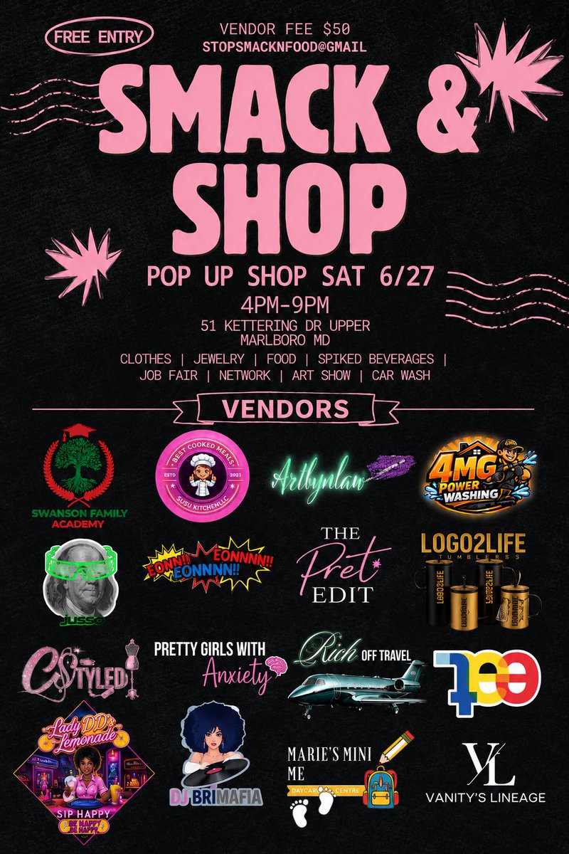 PGEMediaGroup's tweet photo. Join us June 27th Sat 4pm-9pm for our annual Smack &amp; Shop Pop Up Shop! If you’re interested in being a vendor please DM or email stopsmacknfood@gmail.com #PGE #StopSmackn 😋 https://t.co/NyBIFg0dgH