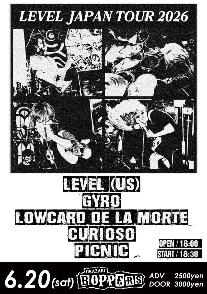hellomariomario's tweet photo. 明日は岡崎！

LEVEL Japan Tour 2026
2026.6.20(sat) 
岡崎BOPPERS
act-
LEVEL(Chico,CA)
GYRO
PiCNiC
CURIOSO
LOW CARD de la morte

OPEN/18:00  START/18:30
ADV¥2500   DOOR¥3000 https://t.co/lopWh6PdRx
