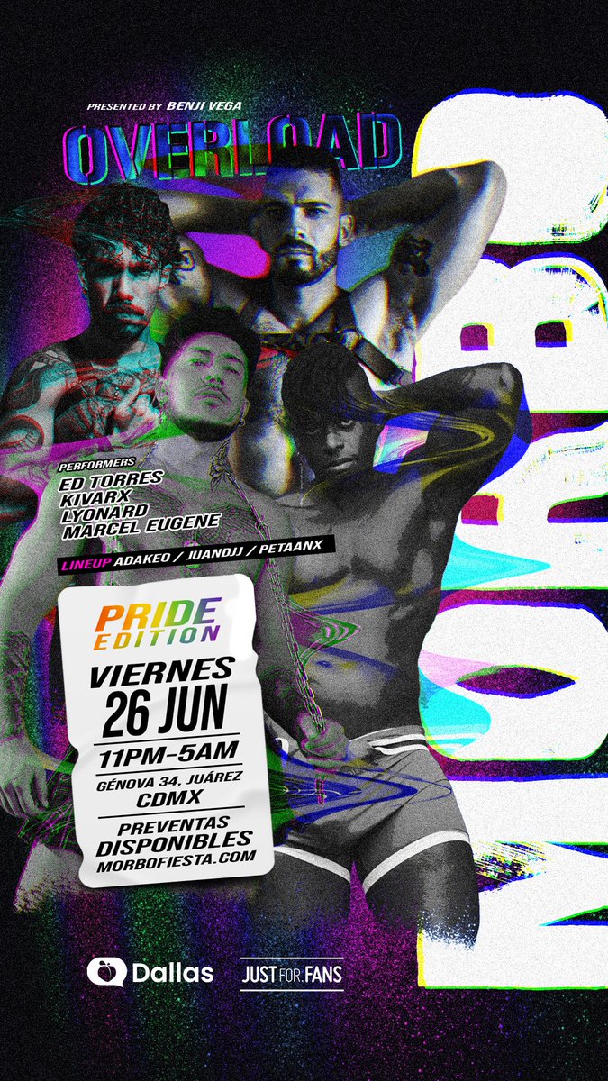 morbofiesta's tweet photo. ¡El Pride🏳️‍🌈 llega con mucho MORBO! 😈
🏩 Dos pisos, shows en vivo, djs toda la noche y múltiples áreas de juego.
🔥 Performers: @edtorres666 @Kivarxx @ThroatSeeker y @lyonardvasquez2 
🎧 DJs: #Adake0 @dongolightly y #Petaanx
🔐 Lockers agotados. 🧥 Últimos boletos con guardarropa.
🗓️ Viernes 26 de junio · 11PM–5AM
📍 @dallas__mx  Génova 34, Juárez, CDMX
🔞 Solo hombres mayores de edad.
⚡️Powered by @JustForFansSite 
🎫 Boletos aquí: https://t.co/4k3FKt9Dlr