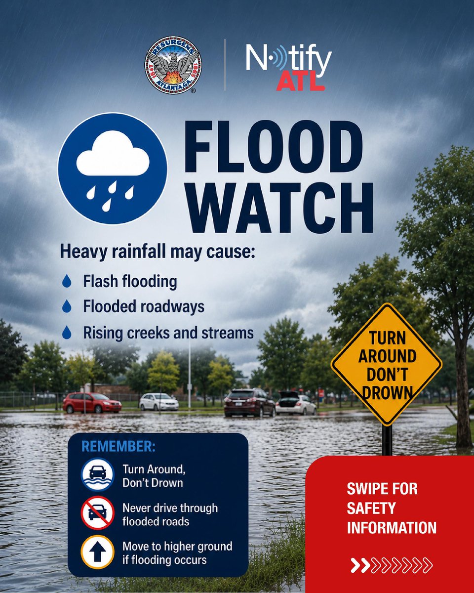 CityofAtlanta's tweet photo. Atlanta is under a Flood Watch and Tornado Watch, with a Wind Advisory expected later this evening.
Stay weather aware and prepare for possible flooding, tornadoes and damaging winds. Turn Around, Don't Drown, secure outdoor items and have multiple ways to receive alerts. https://t.co/VCjHNcZmak