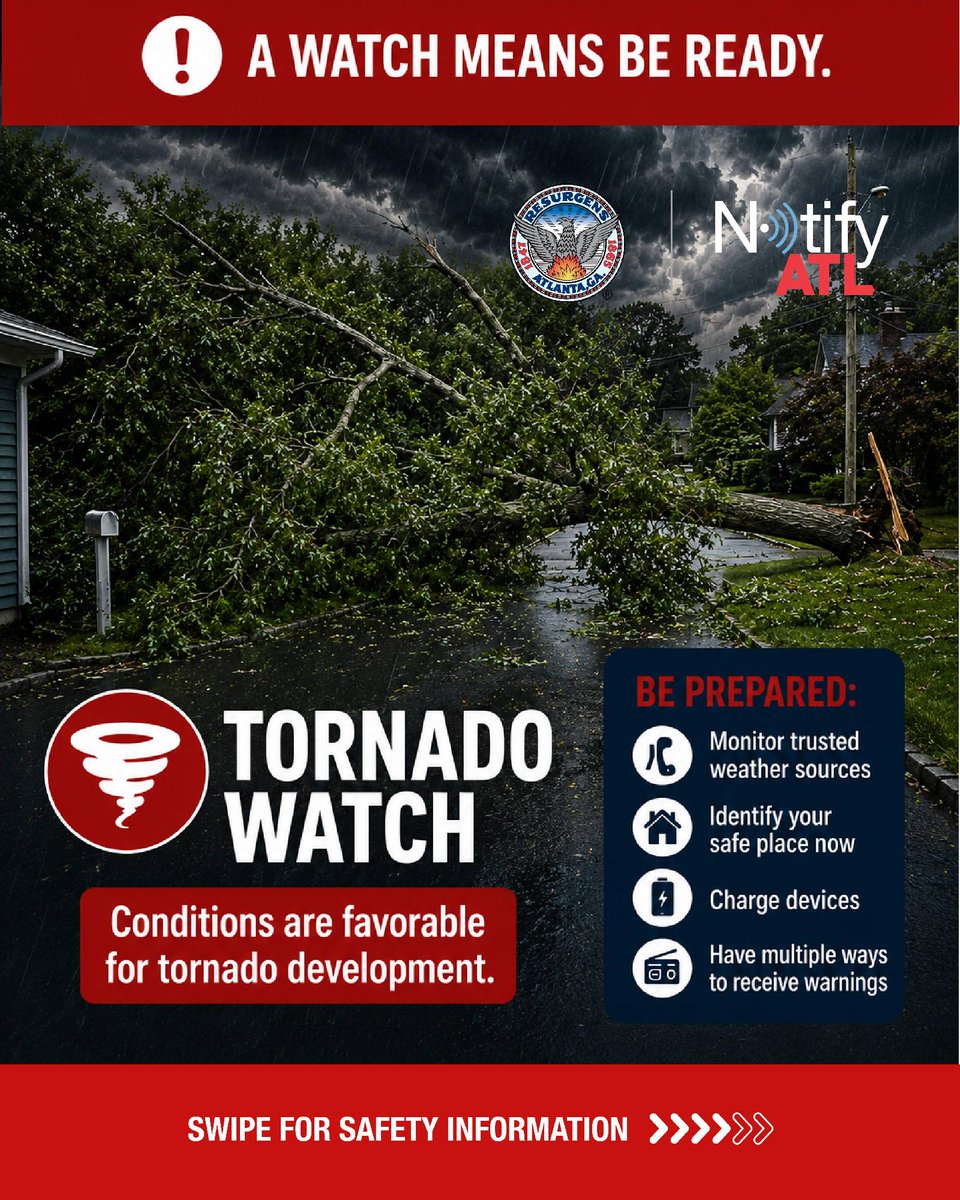 CityofAtlanta's tweet photo. Atlanta is under a Flood Watch and Tornado Watch, with a Wind Advisory expected later this evening.
Stay weather aware and prepare for possible flooding, tornadoes and damaging winds. Turn Around, Don't Drown, secure outdoor items and have multiple ways to receive alerts. https://t.co/VCjHNcZmak