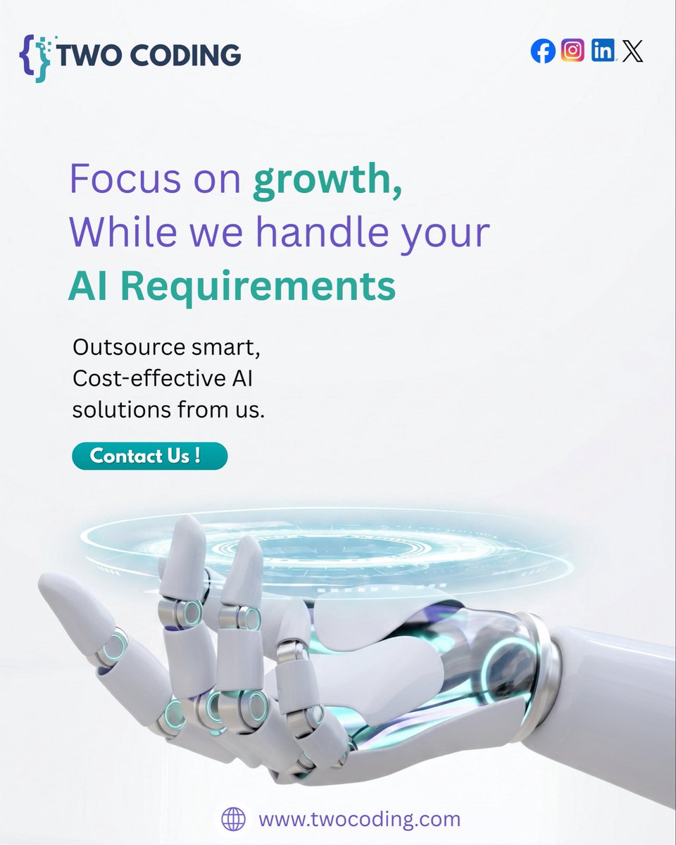 Twocoding's tweet photo. Focus on growth. We’ll handle your AI requirements.

✔️ AI Solutions
✔️ Social Media Management
✔️ SEO
✔️ Web Development
✔️ Graphic Design

One team, every solution.
🌐 https://t.co/cfaLN3ZkfG

#TwoCoding #AISolutions #BusinessGrowth #business https://t.co/zgGIZKRxkg