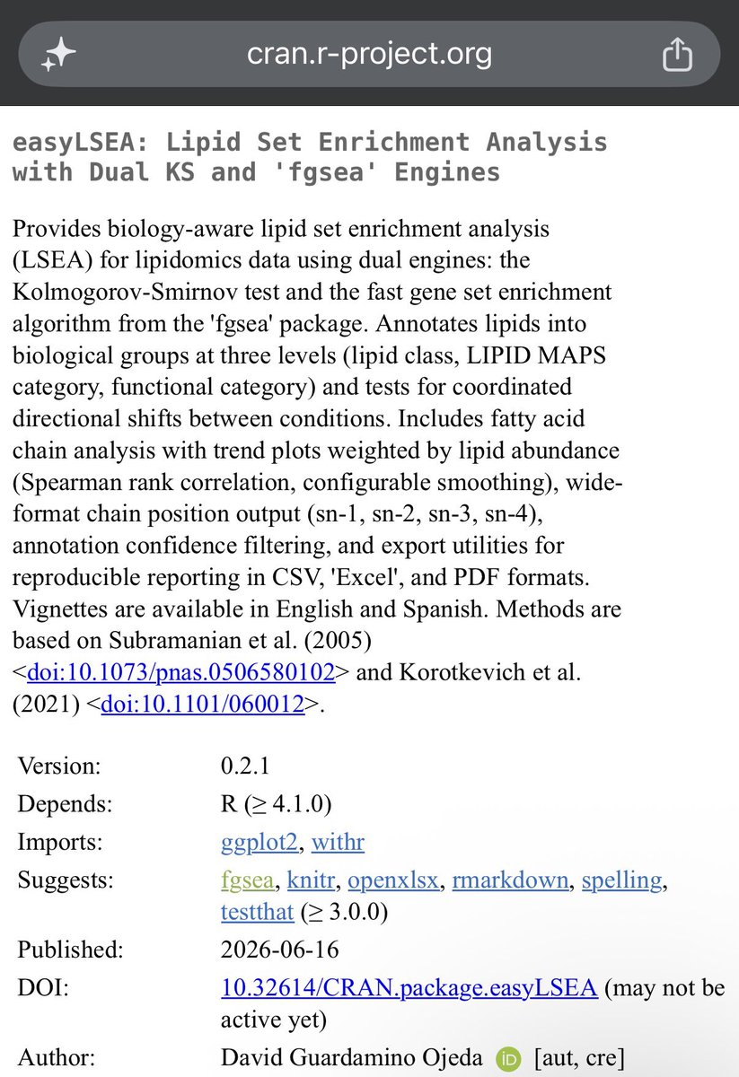 DGuardamino_MD's tweet photo. After countless late nights 🌙 and the inspiration from my time as a research fellow with @ZGordonJiang 🔬, it's finally out.

Introducing easyLSEA: a new way to do lipid set enrichment analysis for lipidomics 🧬✨

Now on CRAN 📦
install.packages("easyLSEA")

#rstats #lipidomics https://t.co/wHbjYzfkER