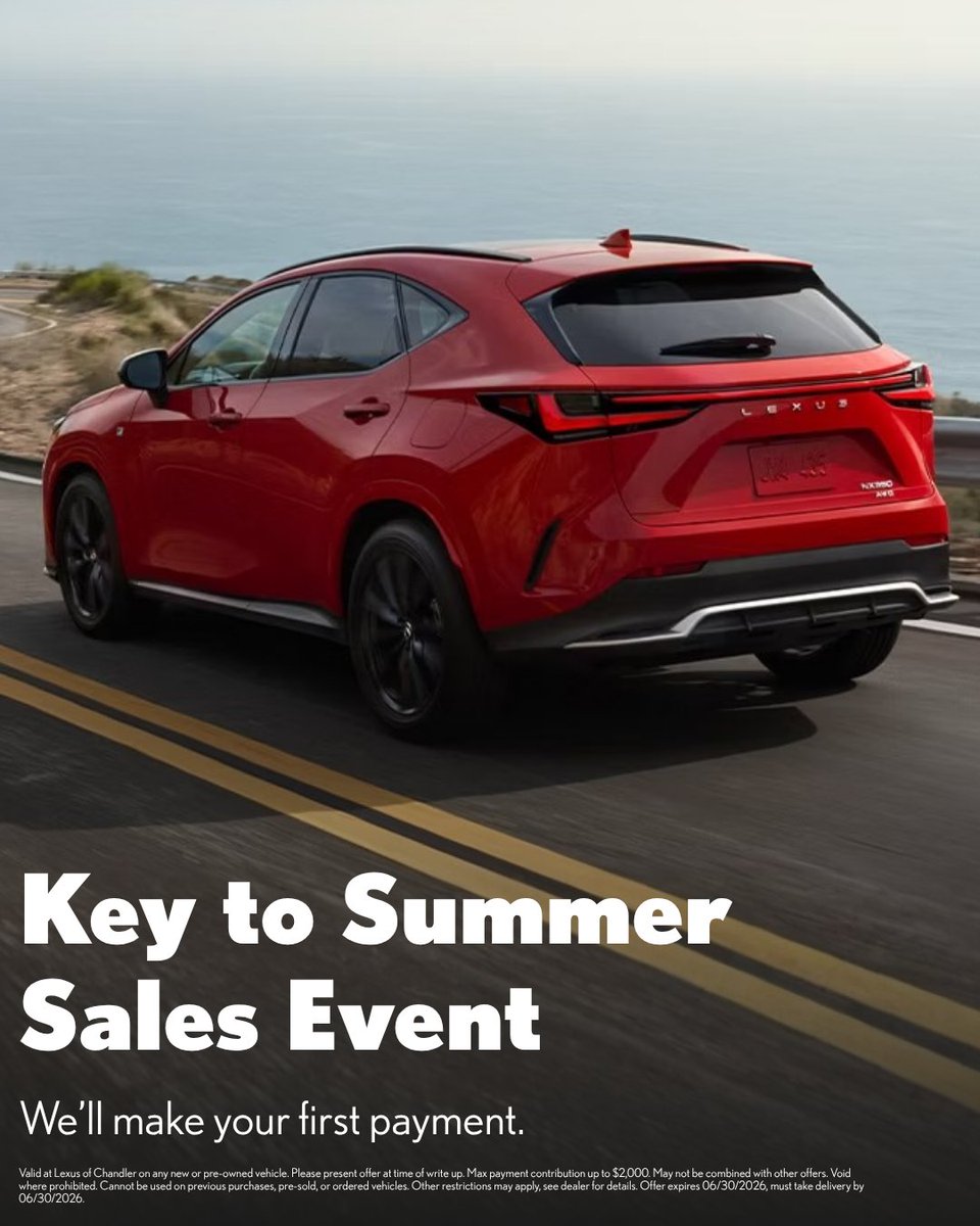 lexusofchandler's tweet photo. The Chandler Automall Key to Summer Sales Event has arrived at #LexusOfChandler.
Unlock your summer drive - we'll cover the first payment.* This limited offer ends 6/30/26 - Now’s the time to get behind the wheel.
Shop today: https://t.co/iSm0kIatlK
See Dealer for details. https://t.co/IGosaMfPpR