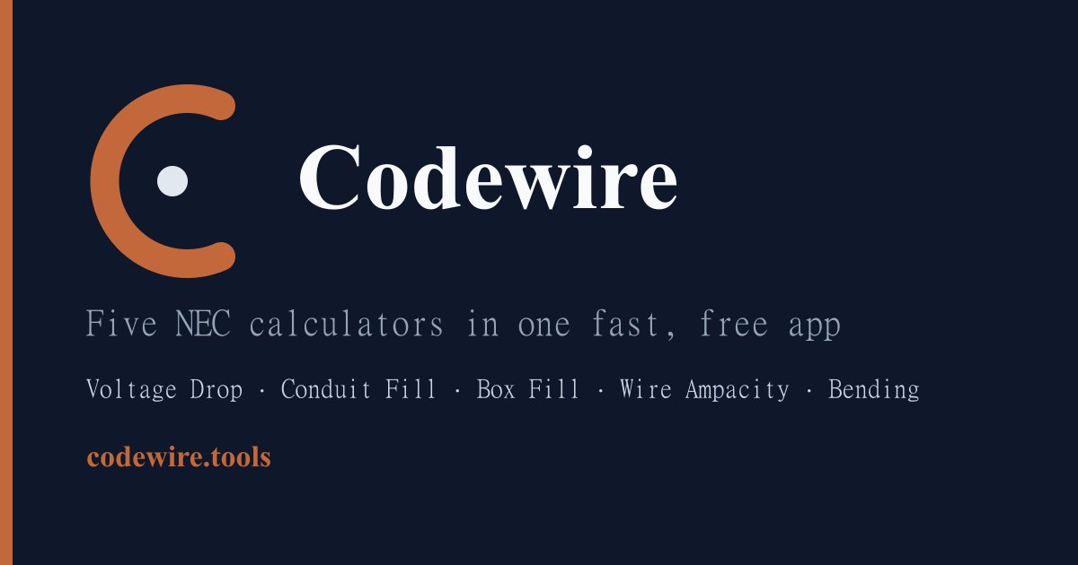 timn2bama's tweet photo. Ran the numbers on a job, then couldn't find them the next morning? Codewire saves each calc to the job with the address and your notes — voltage drop, conduit fill, box fill, ampacity, bends. Pull it back up anytime. Free to start: https://t.co/Pbe7iTUZDB https://t.co/KYGZl96USj