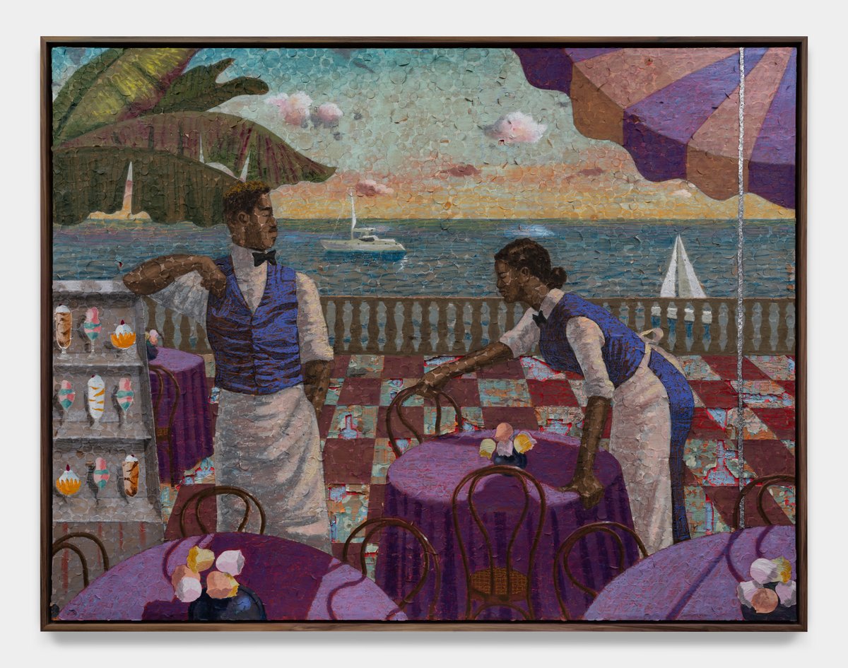 PetzelGallery's tweet photo. Derek Fordjour’s painting "Veranda," 2026, is punctuated by familiar symbols of affluence, including a cooling fridge stocked with ice cream, boats in the distance, a picturesque waterfront view, and flowers arranged on the table. Drawing from many travel experiences with his wife in which they were coded as laborers rather than vacationers, he situates two figures in matching uniforms, isolated and alone sharing a troublesome predicament. Fordjour offers a personal examination of the complex and intertwined relationships between luxury, labor and the Black experience. Also, by incorporating repurposed desserts, Fordjour pays tribute to one of his artistic inspirations, Wayne Thiebaud drawing from his painting "Confections," 1962, in collection. 

Artwork: Derek Fordjour, “Veranda,” 2026, Acrylic, charcoal, cardboard, oil pastel, and foil on newspaper mounted on canvas, Unframed: 65 x 85 in, 165.1 x 215.9 cm, Framed: 67 x 87 in, 170.2 x 221 cm.  

#derekfordjour #petzel #artist #mustsee #artbasel