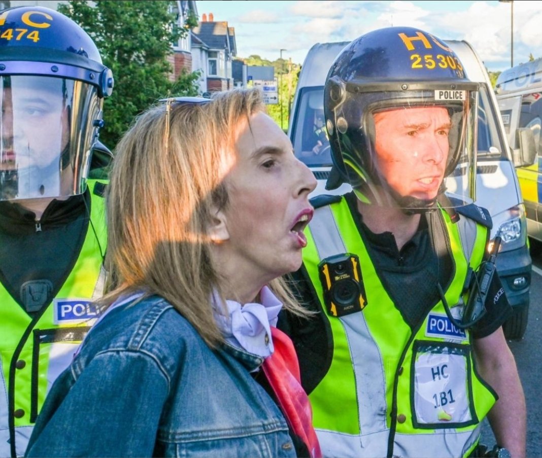 I_amMukhtar's tweet photo. 52-year-old Amanda McCartney has been remanded after pleading guilty to violent disorder following protests in Southampton.

She is a big Tommy Robinson supporter and was wrapped in a flag with his name on it.

She will be sentenced on the 30th of June. https://t.co/U12hbhchM7