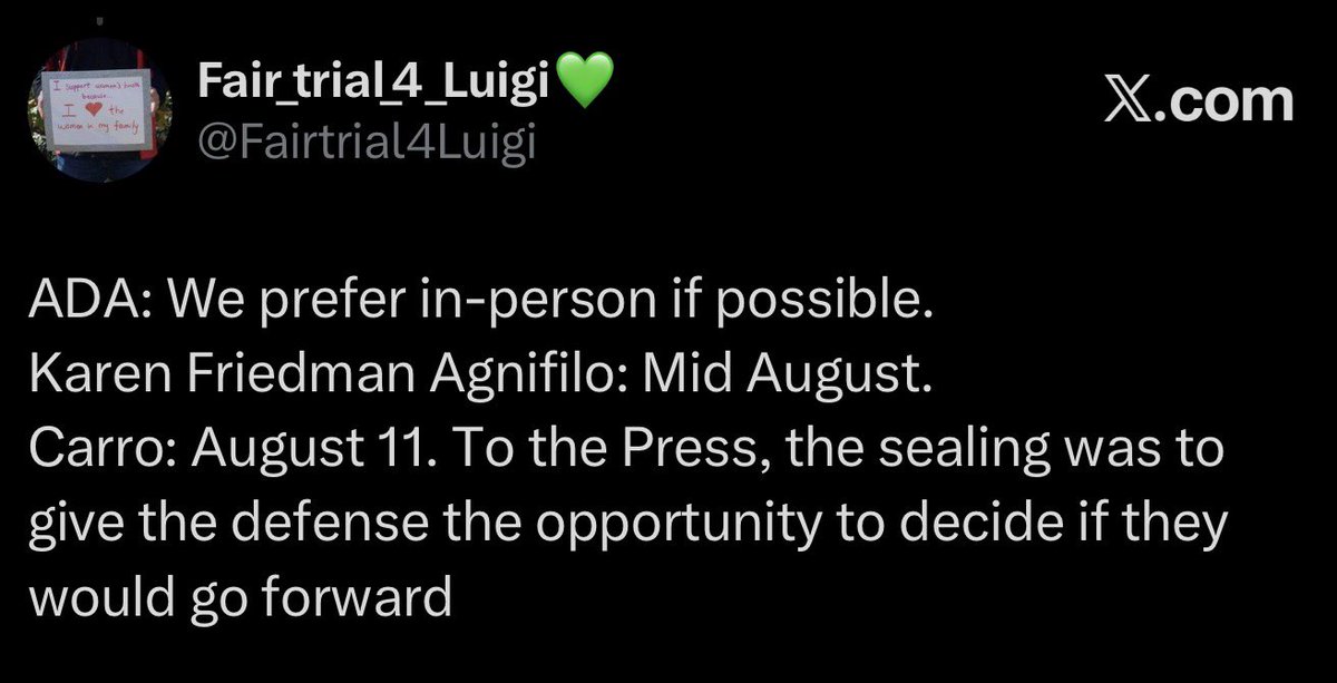 Fairtrial4Luigi's tweet photo. State update 🚨

LM’s next state appearance is schedule for August 11,2025 at 9:00 AM

( I’m a little confused if this is an in person one but a virtual conference was also mentioned so idk if virtual one is a different date? Because ADA said “we prefer in person if possible”) https://t.co/U1tWXmMlVZ
