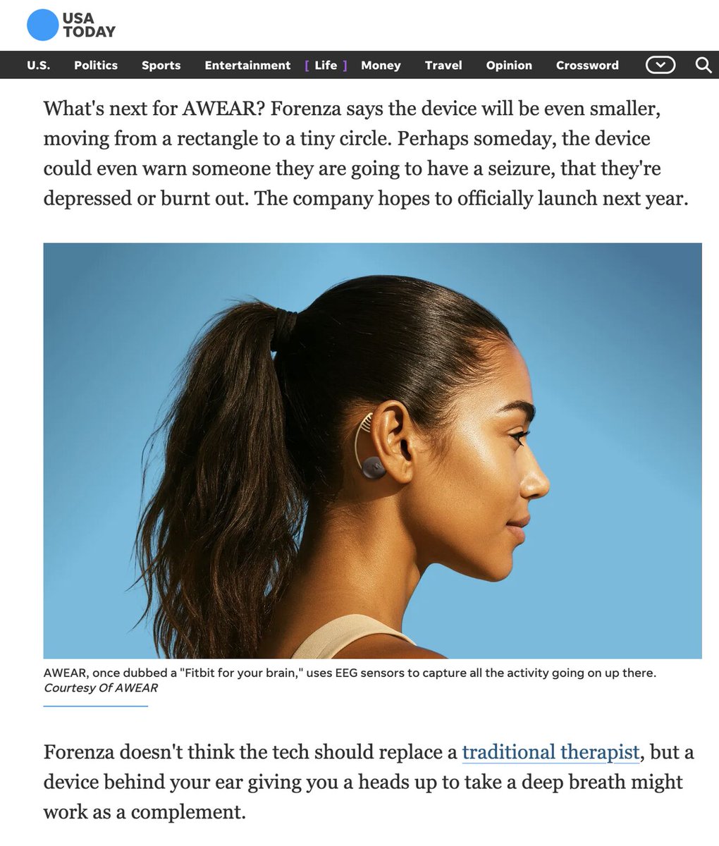 awear_tech's tweet photo. We're on @USATODAY. 🧠
Grateful to @doliver8  for taking the time to understand what we're building, and to our beta community for helping prove it out.
Smaller device. Sharper insights. Continuous brain health monitoring, quietly behind your ear. https://t.co/zNQhimA1TY