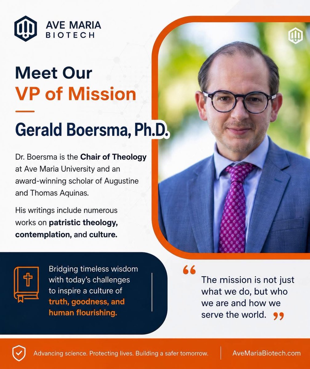 AveMariaBiotech's tweet photo. Meet Our VP of Mission: Dr. Gerald Boersma

At Ave Maria Biotech, innovation is guided not only by science and technology, but also by purpose.

We are honored to have Dr. Gerald Boersma serve as Vice President of Mission. As Chair of Theology at Ave Maria University and an internationally recognized scholar, Dr. Boersma brings a unique perspective that helps connect scientific advancement with ethical responsibility and human flourishing.

His leadership helps ensure that our work remains focused on what matters most: protecting lives, serving communities, and building a safer future through innovation.

“The mission is not just what we do, but who we are and how we serve the world.”

#AveMariaBiotech #Leadership #MissionDriven #Innovation #Biosecurity #HealthTech #Biotechnology #HumanFlourishing #FutureOfHealthcare