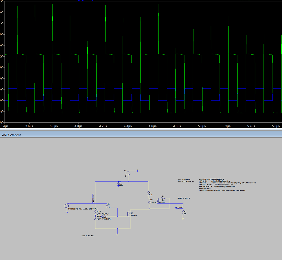 ThrillScience's tweet photo. Simulating a Class-E WSPR amplifier in LTSpice. I don't like those litte spikes on the output (green), but I need to see what this would look like with real components. Plus there will be a low pass filter after the output.
#WSPR #HamRadio
The circuit is from this guy:
https://t.co/CeATYzLoXs