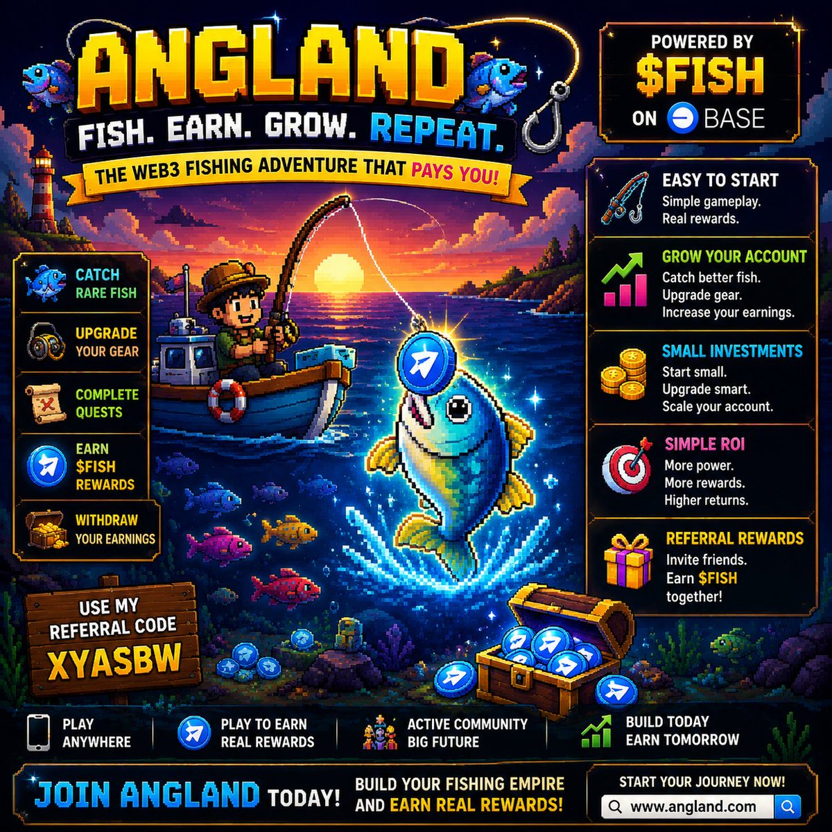 themetashark's tweet photo. 🎣 ANGLAND — TURN SMALL MOVES INTO BIGGER REWARDS

Looking for a Web3 game where you can start small, grow over time, and build your account consistently?

Angland combines mobile fishing gameplay with a player-driven crypto economy powered by $FISH on #Base.
🐟 HOW IT WORKS

• Catch fish and progress your account
• Upgrade gear and improve efficiency
• Collect resources and optimize your strategy
• Grow your earning potential over time

The formula is simple:
👉 Play consistently
👉 Reinvest strategically
👉 Scale your account
💰 START SMALL. COMPOUND OVER TIME.

You don't need a huge budget to get started.
Small investments into upgrades and in-game items can help accelerate progression and increase your long-term earning potential.

The players who do best are the ones who stay active and keep building.
🔥 WHY PEOPLE ARE WATCHING ANGLAND
• Mobile-first experience
• Built on the Base ecosystem
• Player-owned economy powered by $FISH
• Referral rewards available
• Long-term progression system instead of quick taps

🎁 USE MY REFERRAL CODE ONCE YOU DOWNLOAD THE GAME ENTER IT AND WE BOTH GET FREE STUFF AND $FISH
Referral Code: XYASBW
When friends join using your code and make qualifying purchases, you can earn additional $FISH rewards.

Angland is a mobile game, find it on Google Play, Apple App Store or the APK on the official site.
➡️ https://t.co/w9Mz2GmzNO