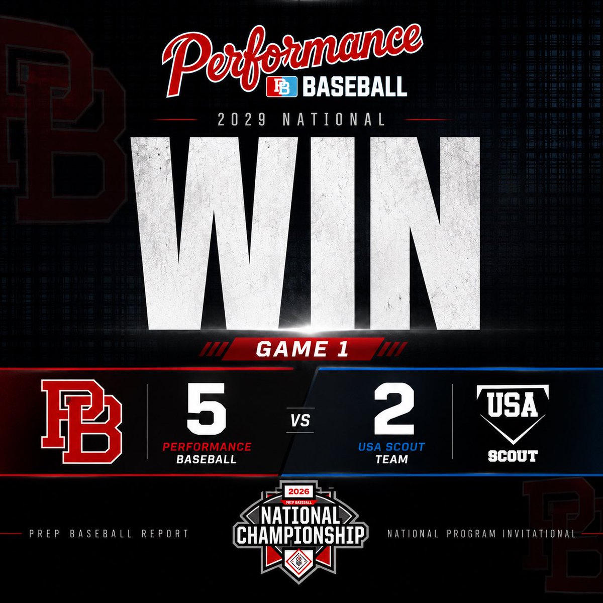 Performance_X2's tweet photo. Performance Baseball 2029 National wins Game 1 at the PBR National Championship.  Bryce Tesseyman (NY) had the big hit, a 2 RBI Single to put his team up for good. #PB #Performance #X2 https://t.co/hGjAM8rJ1c