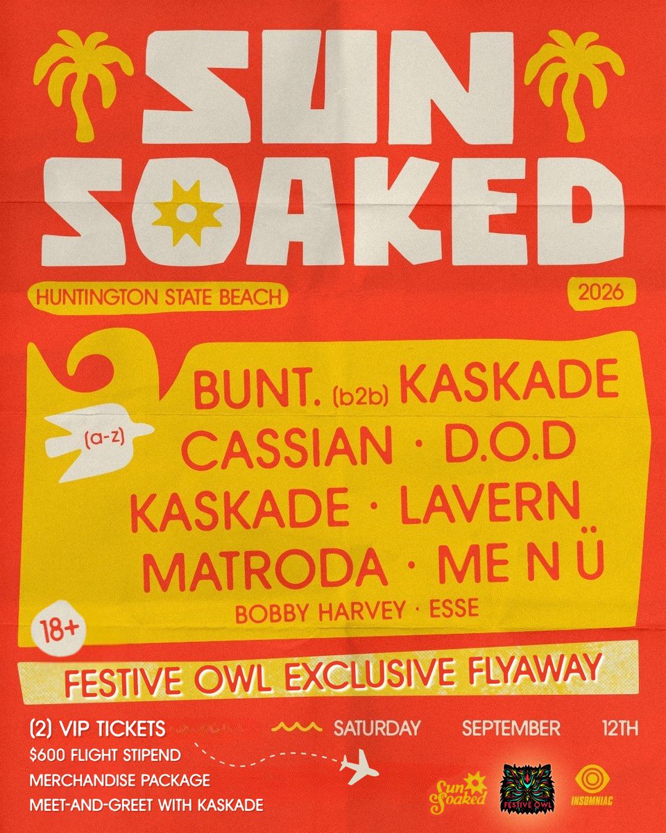 TheFestiveOwl's tweet photo. Pack your bags. 

I’m sending [2] people to Sun Soaked in California for a VIP weekend with Kaskade —  flights, tickets + more included. ✈️🦉

Enter now for your chance to win a flyaway: https://t.co/xfT1DCW41Z https://t.co/CDajmtkUja
