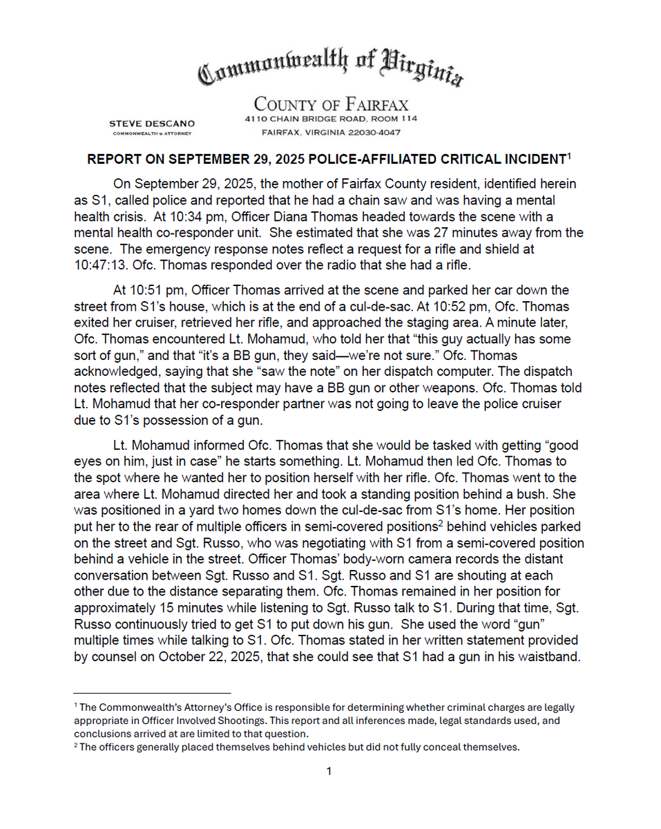 FairfaxCountyCA's tweet photo. CA Descano's report on the officer involved shooting of September 29, 2025 https://t.co/vSAAToF1U6