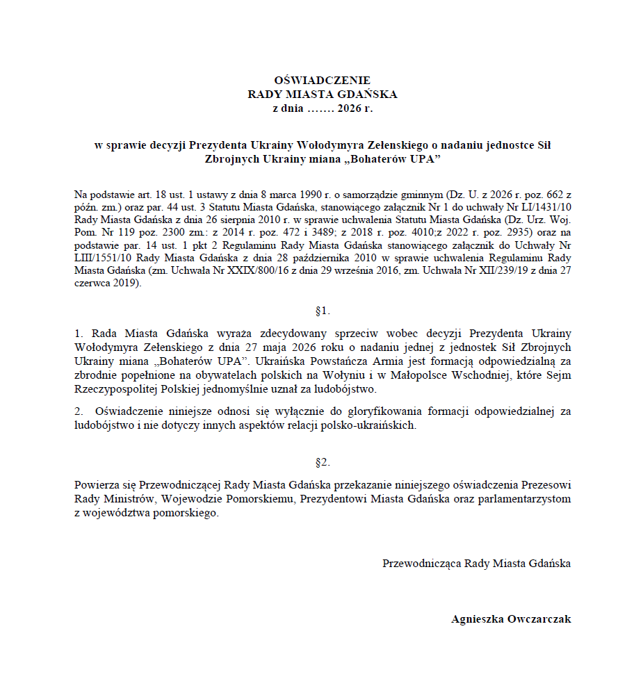 TomaszJRakowski's tweet photo. Rada Miasta Gdańska przyjęła dziś jednogłośnie uchwałę autorstwa Klubu PiS w sprawie decyzji Prezydenta Ukrainy Wołodymyra Zełeńskiego o nadaniu jednostce Sił Zbrojnych Ukrainy miana "Bohaterów UPA".

Tym samym Gdańsk jest 3. miastem w Polsce po Przemyślu i Rzeszowie, które przyjęło takie stanowisko 🇵🇱