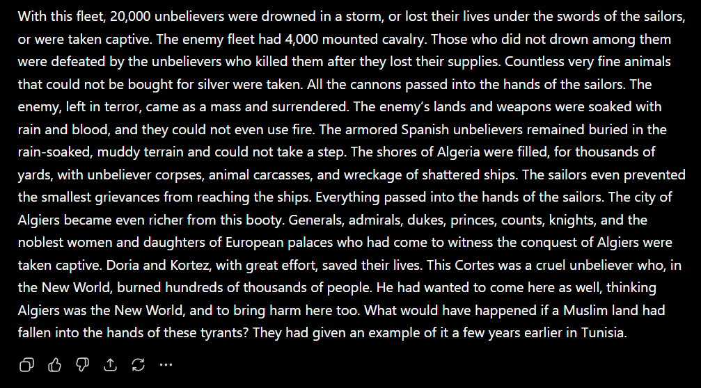 n30n5223434's tweet photo. From the diary of Hayreddin Barbarossa, on Hernan Cortes
"This Cortes was a cruel unbeliever who, in the New World, burned hundreds of thousands of people. He had wanted to come here as well, thinking Algiers was the New World, and to bring harm here too." https://t.co/4I7n6wMyL7