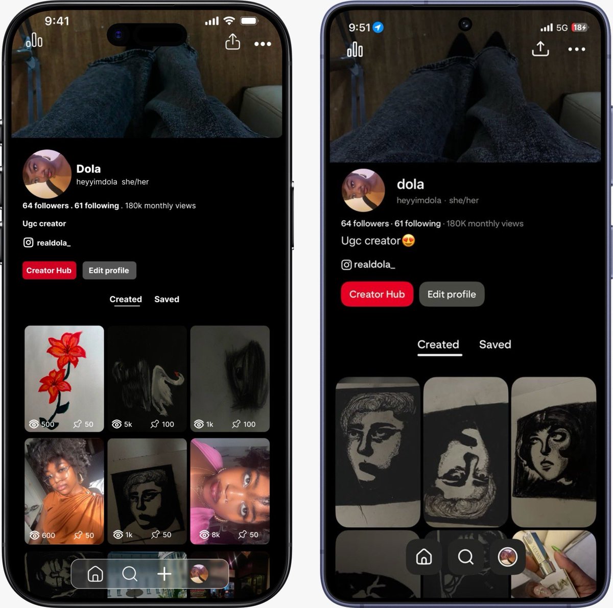 designwithdola's tweet photo. Day 3 of the TS Academy challenge ✨
I redesigned Pinterest’s profile page by:
• Moving the Create button to the bottom nav for easier one-handed access
• Adding pin analytics directly on thumbnails so creators can track performance at a glance.  #30DaysOfTech #LearningWithTS https://t.co/XvvKhXxKXi