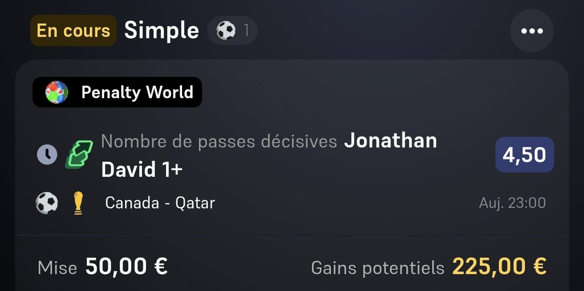 pronoland_'s tweet photo. Coupe du monde, Canada vs Qatar

J David ou son remplaçant passeur à 4.5

On part sur ça, Jonathan c'est pas seulement un buteur 🙏 

Pas sur Winamax ? Passe par mon lien pour avoir ton 1er bet 100% remboursé jusqu'à 100€ !
Et en plus, reçois 50€ en freebet 🤯
https://t.co/CUgNOJDEb4

❤️/RT si tu suis !