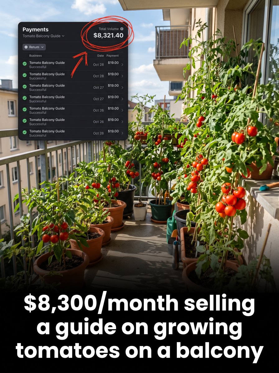xhunter_live's tweet photo. A 19-year-old made $8000 last month selling a $19 guide on growing tomatoes on a balcony — 437 sales.

Tomatoes. From an apartment. He doesn't even garden.

He just noticed thousands of people in apartment-gardening Facebook groups asking the same thing: "why do my balcony tomatoes keep dying?"

One afternoon:
→ pulled the 5 best YouTube videos on small-space growing
→ had AI turn the transcripts into a 25-page guide
→ edited it so it sounded human
→ dropped it on a $19 checkout

Then he went back to those groups and just helped people, mentioning the guide when it fit.

437 sales later he out-earns most jobs in his city — from a problem he's never had.

You don't need passion. You need a crowd already asking the same question.

Drop a like and I'll send you his playbook. 📩