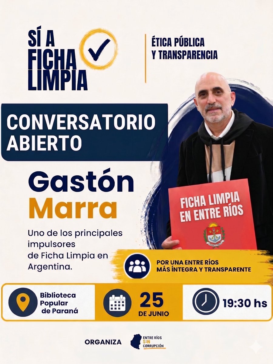 gastonmarraOK's tweet photo. El 29/8/24 se sancionó por unanimidad en la Cámara de Diputados de Entre Ríos la iniciativa @fichalimpia. 
Quedó trabada en Senado.

Estaré viajando a Paraná para sumar fuerzas y acompañar a quienes la están luchando allá. 

@frigeriorogelio @ERSinCorrupcion @BertozziOrlando https://t.co/y95in7tZcs