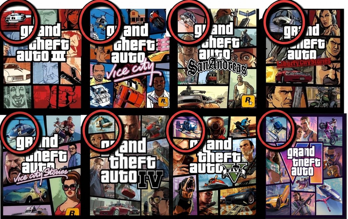 elyelgow's tweet photo. Curiosidade.

A partir de GTA 3, todos os jogos da franquia GTA têm um helicóptero na capa.

E, em todos eles, o helicóptero aparece na primeira imagem da capa. https://t.co/uaVNW6aIXL
