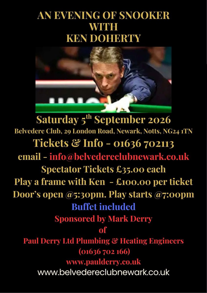 ABCsnookerex's tweet photo. Going to be a great night with @kendoherty1997 
Get in touch for tickets. Call me on 07747654836 or contact the club direct - number on the poster https://t.co/EoG9uTpVzf
