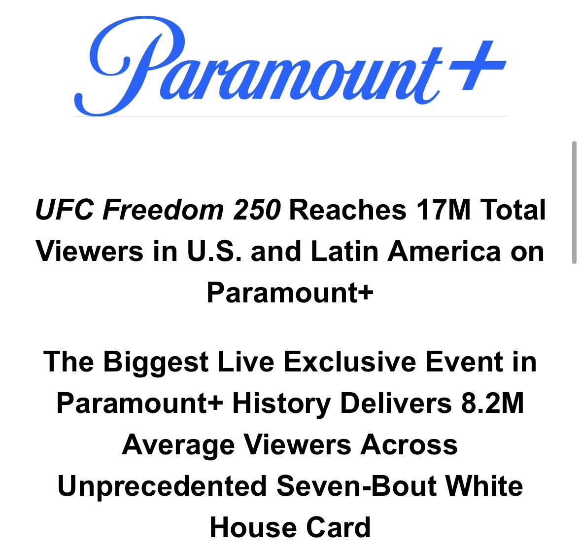 grosenstein's tweet photo. Paramount announces the UFC card on the White House lawn brought in 17 million total viewers. https://t.co/x6RESBKR9R