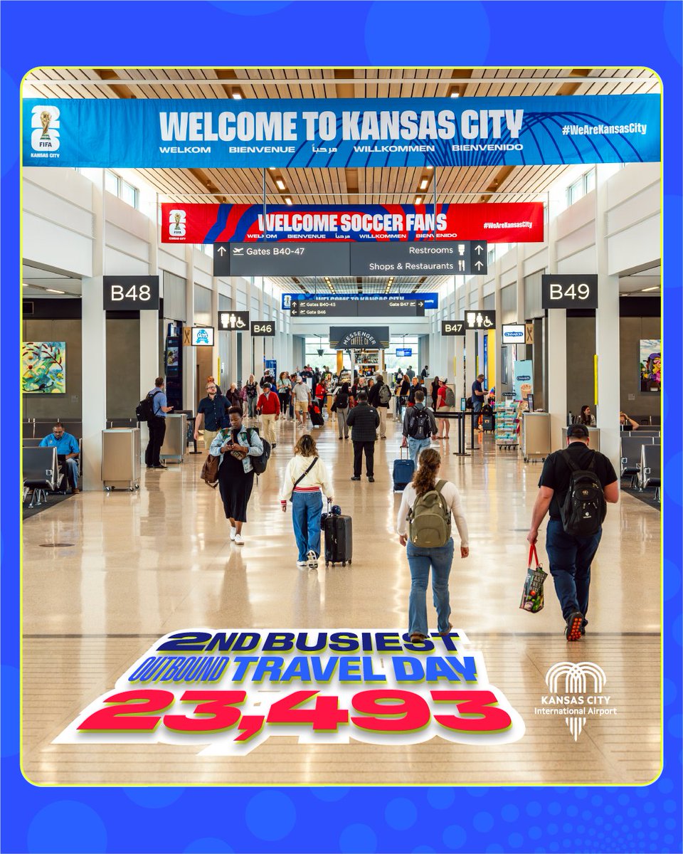 Fly_KansasCity's tweet photo. Wednesday was the second busiest day of outbound traffic in Kansas City International History.

With flights filled with World Cup fans going to their next destination after the Kansas City match, nearly 23,500 people were screened, just 185 people short of the record. https://t.co/7QWFt91wv1