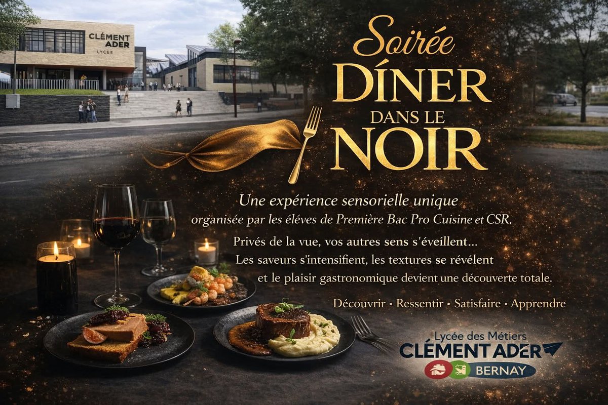 lyceeaderbernay's tweet photo. Soirée Gourmande dans l’obscurité au restaurant « Toques &amp; Liteaux du Lycée Clément Ader ». Cette expérience immersive invitait les convives à redécouvrir le plaisir de la dégustation sous un autre mode. https://t.co/9QD6fosbJK