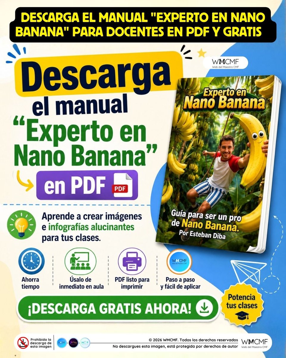 cmf_w's tweet photo. ⬇️ Descarga el manual 📘 "Experto en Nano Banana" en 📄 PDF y aprende a crear 🖼️ imágenes e 📊 infografías alucinantes para tus 👨‍🏫 clases. 🔗 Enlace de descarga: https://t.co/mrz4Aqx2fk https://t.co/JB1qrKhbx6