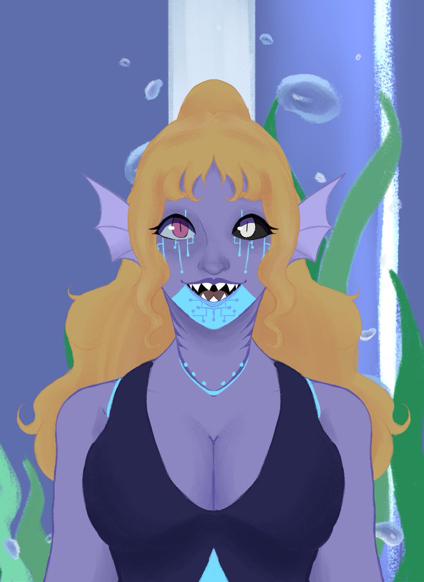 TiredCyborgGame's tweet photo. @Fableafterdarkx I'm TiredCyborg! I'm a semi-aquatic, abandoned bio-mechanical android experiment. I live in a tank in an underground lab! I do variety gaming streams and totally don't collect lab interns with fake job applications I made up on the internet so I'm not alone. /j https://t.co/h7gRCqyKp8