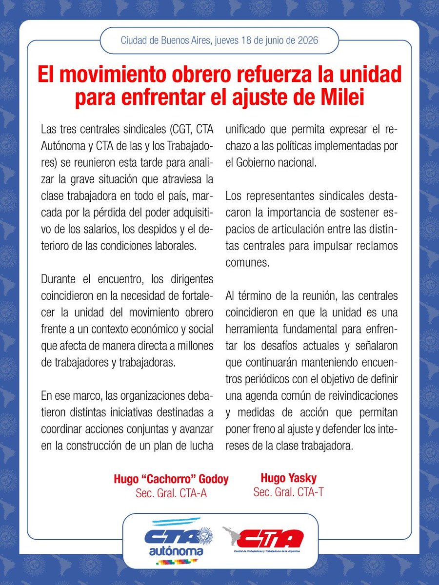 CTAok's tweet photo. Frente a la pérdida del poder adquisitivo, los despidos y el ajuste, las tres centrales sindicales volvieron a reunirse para fortalecer la unidad del movimiento obrero.

CGT, CTA Autónoma y CTA de las y los Trabajadores coincidieron en la necesidad de coordinar acciones y avanzar en un plan de lucha unificado para enfrentar las políticas de Milei y defender los derechos de la clase trabajadora.

#UnidadSindical #CTA #CGT #Trabajo #NoAlAjuste

💻 Declaración completa en:
https://t.co/2FoDhT9fW4