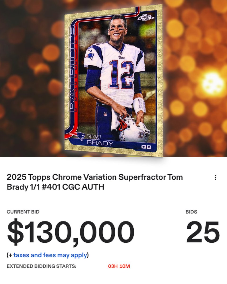 gurucollects's tweet photo. Could this GOAT-level Superfractor take the top spot 👀

This 2025 Topps Chrome Image Variation Superfractor Tom Brady 1/1 is sitting at $130,000 on Fanatics @Collect's Premier Auction, and extended bidding begins tonight!

And there's plenty of room to watch: Brady's most expensive non-autographed Topps Chrome Superfractor sold for $216,000. Could this one make a run at it? 👀