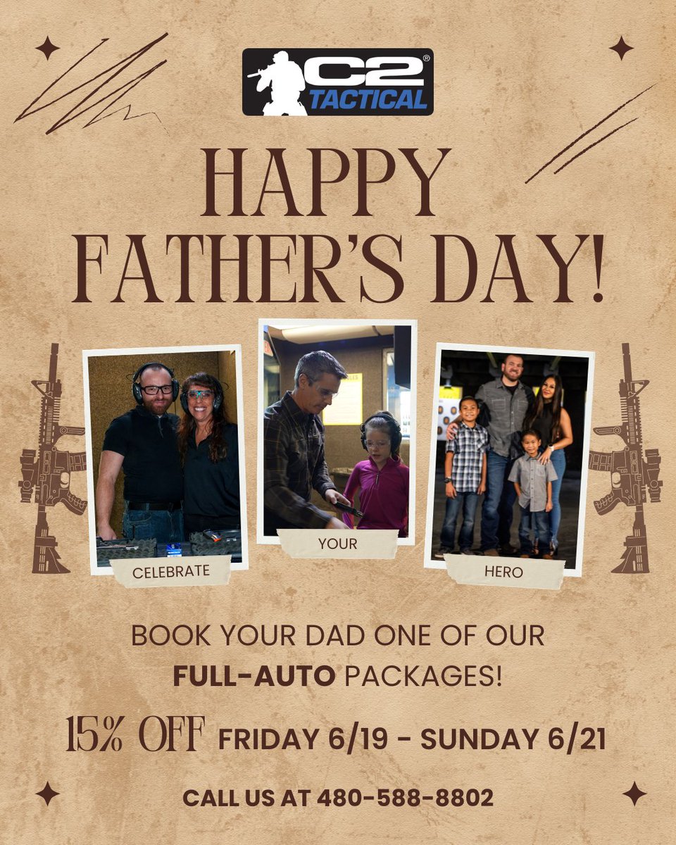 C2_Tactical's tweet photo. Celebrate this Father's Day at C2 Tactical! 🎉💪 Treat Dad to an unforgettable experience with our exciting specials and activities! ⁠From Friday, 6/19 to Sunday, 6/21, enjoy 15% off🎉⁠
Call us at 480-588-8802 to create an everlasting memory today!💫 ⁠ https://t.co/xDXWBzUvsl