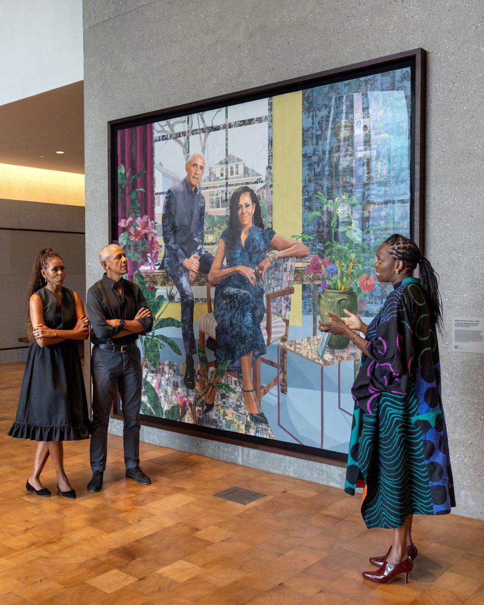 EXTRAbyMILE's tweet photo. Nigerian-born, Los Angeles-based artist, Njideka Akunyili Crosby, was commissioned to paint first portrait of the Obamas after leaving office. This was unveiled at Obama Presidential Center. Congratulations to the exceptional African talent. https://t.co/PI18wjM1aC