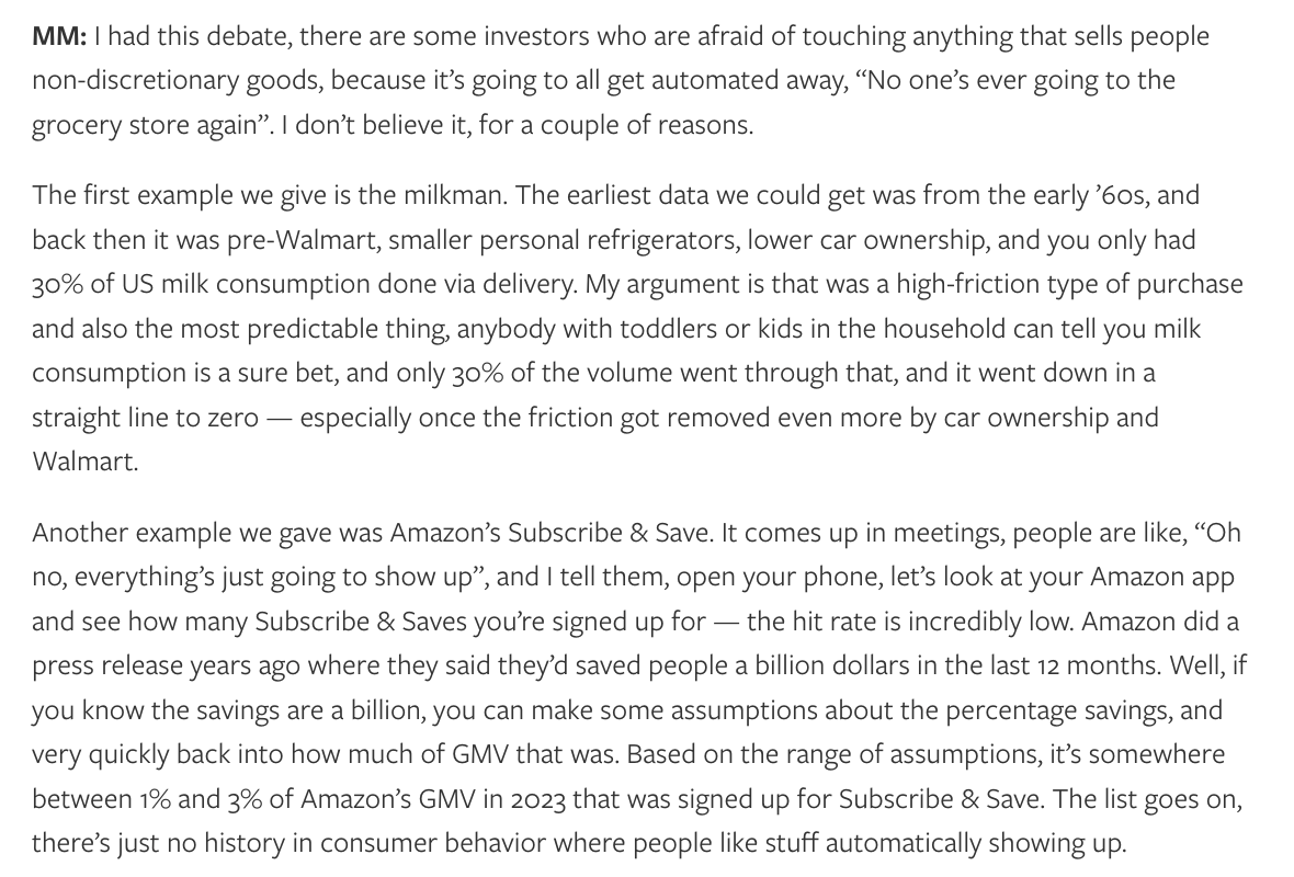 sarthakgh's tweet photo. "I don’t think there’s any historical evidence that people want the non-discretionary stuff just showing up at their house."

via @stratechery https://t.co/uIhCAt8HzP