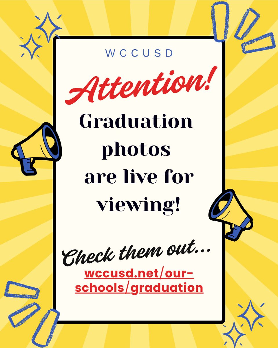 WCCUSD's tweet photo. 📣 VIEW THE GRADUATION PHOTOS &amp; LIVESTREAMS! From proud smiles to unforgettable moments, the Class of 2026 shines in our graduation galleries. 

PHOTOS: 🔗 https://t.co/KtqPZEYJBL
LIVESTREAMS: 🎬  https://t.co/ai3BTSwTXQ https://t.co/JvyWewbD2h