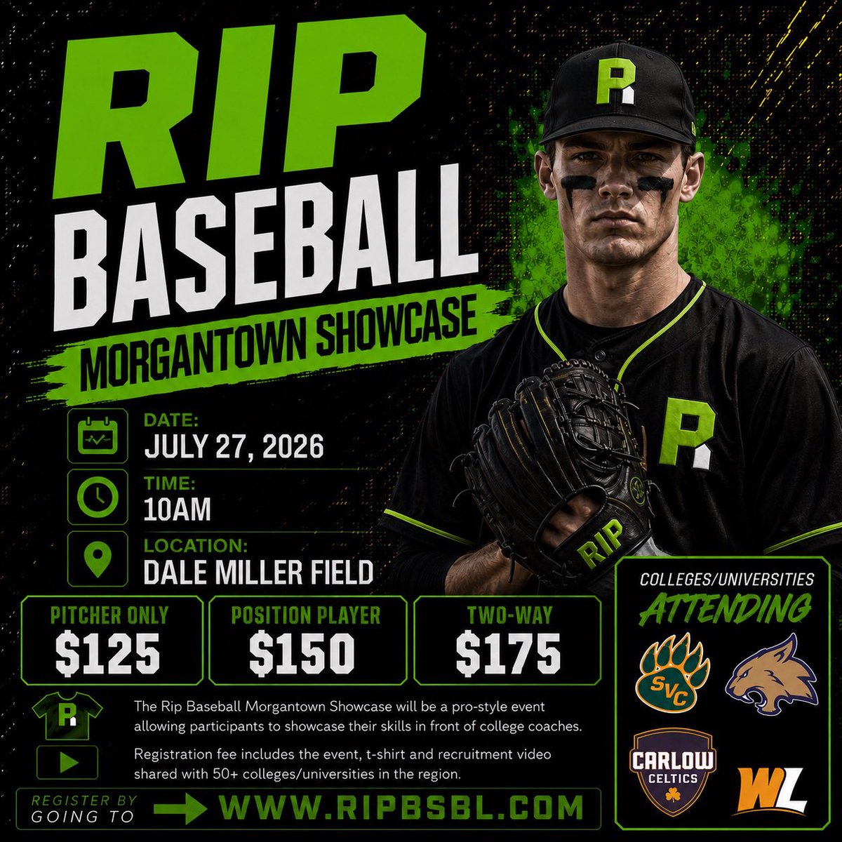 ripbsbl's tweet photo. Excited to have @CarlowBaseball as our next college/university attending the Morgantown Showcase on July 27th.

This event is a pro-style showcase that is open to all 2026-2030 high school graduates. Register today at https://t.co/s7jFOIetlP. #ripbsbl #ripbaseball https://t.co/JgoxQiuaKv