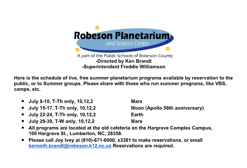 PSRCEDU's tweet photo. 🌎✨ Looking for a fun and educational summer activity?

The Robeson Planetarium and Science Center is offering FREE planetarium programs this July for the public and summer groups by reservation! Reservations are required. To schedule your group, call (910) 671-6000, ext. 3381. https://t.co/P7tjeoRyfZ