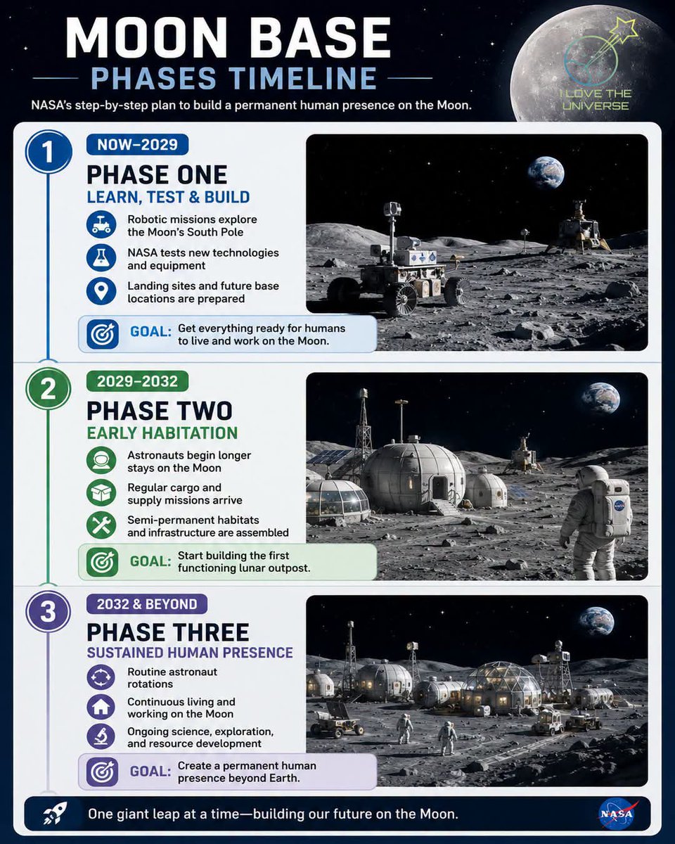konstructivizm's tweet photo. Building a Moon Base: Humanity's Epic Leap into the CosmosForget overnight success — NASA’s lunar outpost will be a thrilling, multi-chapter saga!It all kicks off with rugged robotic pioneers scouting the surface, dodging craters and hunting for resources. Next come the pioneering habitats, where cutting-edge tech turns harsh lunar dust into cozy shelters. Then? Astronauts will live and work there full-time — conducting science, mining ice, and pushing the boundaries of what’s possible.If the stars align, the 2030s will witness something historic: humanity’s first permanent home on another world. A true stepping stone to Mars and beyond. Who’s ready to watch history unfold? 
 Credit: NASA