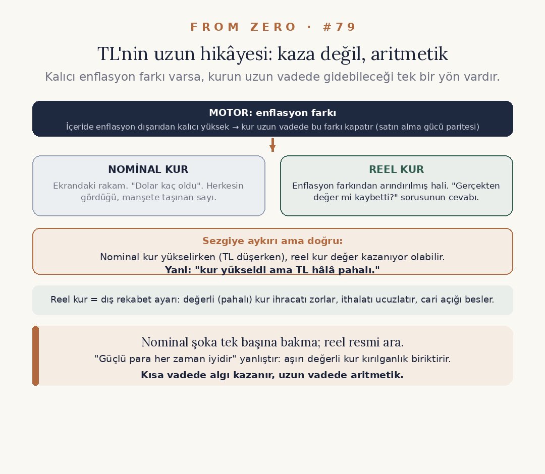 Notorious_BID's tweet photo. Türk lirasının uzun vadeli değer kaybı bir kaza değildir; tek bir kararın, tek bir hatanın ya da bir komplonun sonucu da değildir. Büyük ölçüde, basit ama acımasız bir aritmetiğin sonucudur. İçeride enflasyon, dışarıdan kalıcı olarak yüksekse, kurun uzun vadede gidebileceği tek bir yön vardır. Bu içerikte, herkesin günlük hayatta hissettiği bu hikâyeyi, duygudan arındırıp mekanizmasıyla ele alacağız.

Önce temel mekanizma. Bir paranın değeri, en yalın haliyle, satın alma gücüdür. Enflasyon, paranın içeride satın alma gücünü aşındırır; bugün bir sepeti dolduran para, yarın aynı sepeti dolduramaz. Şimdi mantıklı bir adım atalım: eğer bir para içeride sürekli değer kaybediyorsa, dışarıya karşı da, yani başka paralar karşısında da değer kaybetmesi beklenir. İki ülke düşünün; birinde enflasyon kalıcı olarak yüksek, diğerinde düşük olsun. Zamanla, yüksek enflasyonlu ülkenin parası, düşük enflasyonlu ülkenin parası karşısında değer kaybetmek zorundadır; çünkü aksi halde o ülkenin malları dışarıda imkânsız derecede pahalı kalırdı. Kur, uzun vadede bu enflasyon farkını kapatacak şekilde hareket eder. İktisatta bunun adı satın alma gücü paritesidir.

İşte Türk lirasının uzun vadeli hikâyesinin motoru budur. Serinin başında kuru belirleyen kanallardan birinin enflasyon farkı olduğunu söylemiştik; Türkiye'nin enflasyonu, ticaret yaptığı ülkelerin enflasyonundan uzun yıllar boyunca kalıcı biçimde yüksek olduğu için, TL'nin nominal değer kaybı bu farkın doğal ve büyük ölçüde kaçınılmaz bir yansımasıdır. Bu, kuru mazur göstermek değil; sadece onu doğru yere, yani enflasyonun sonucu olarak konumlandırmaktır.

Şimdi bu içeriğin en önemli ayrımına geliyoruz: nominal kur ile reel kur. Bu ayrım, reel ve nominal kavramını ilk kez konuştuğumuz içeriğin, kur ölçeğine taşınmış halidir.

Nominal kur, ekrandaki rakamdır. "Dolar kaç oldu" sorusunun cevabı, herkesin gördüğü, manşetlere taşınan sayıdır.

Reel kur ise, bu nominal rakamın iki ülke arasındaki enflasyon farkından arındırılmış halidir. Sorduğu soru şudur: bu para gerçekten değer mi kaybetti, yoksa sadece enflasyon farkını mı yansıttı?

Buradan çok sezgiye aykırı bir sonuç çıkar. Nominal kur sürekli yükseliyor, yani TL nominal olarak değer kaybediyor olabilir; ama eğer içerideki enflasyon, dışarıdaki enflasyondan daha da hızlıysa, reel kur tam tersine değer kazanıyor, yani TL reel olarak pahalılaşıyor olabilir. Kulağa çelişkili geliyor ama değil: "kur yükseldi ama TL hâlâ pahalı" cümlesi pekâlâ doğru olabilir. Çünkü nominal yükseliş, içerideki fiyat artışına yetişemediğinde, paranın gerçek satın alma gücü dışarıya kıyasla artmış olur.

Peki bu ayrım neden önemli? Çünkü reel kur, bir ülkenin dış rekabet gücünün göstergesidir. Reel olarak değerli, yani pahalı bir kur, o ülkenin mallarını dışarıda pahalı kılar; ihracatı zorlaştırır, ithalatı ise ucuzlatıp cazip hale getirir. Bu da doğrudan cari açığı besler, ki bir önceki içerikte tam da bunu konuşmuştuk. Reel olarak ucuz bir kur ise bunun tersini yapar: ihracatçıya avantaj sağlar, ithalatı pahalılaştırır. Yani kur sadece bir fiyat değil, ekonominin dış dünyaya karşı rekabet ayarıdır.

Şimdi üç derse bakalım.

Birincisi, nominal değer kaybına tek başına bakmak yanıltıcıdır. Uzun vadeli nominal düşüş, büyük ölçüde enflasyon farkının aritmetiğidir; tek başına bir "felaket" ya da "beceriksizlik" kanıtı olarak okunamaz. Asıl soru, nominal kurun ne kadar düştüğü değil, reel kurun ne yaptığıdır. İyi bir analist, herkesin baktığı nominal şokun arkasındaki reel resmi arar; çünkü gerçek hikâye oradadır.