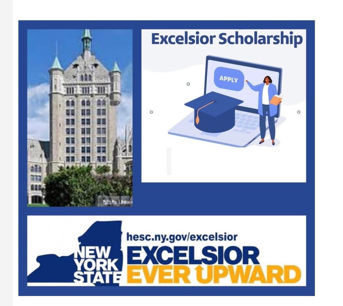ResumesEssays's tweet photo. The Excelsior Scholarship
Students of New York State
Deadline to Apply: Aug. 31, 2026 (for Fall) 
Award Amount: Tuition-Free

https://t.co/6tqSpxXgMQ https://t.co/0jBiTfEwKU