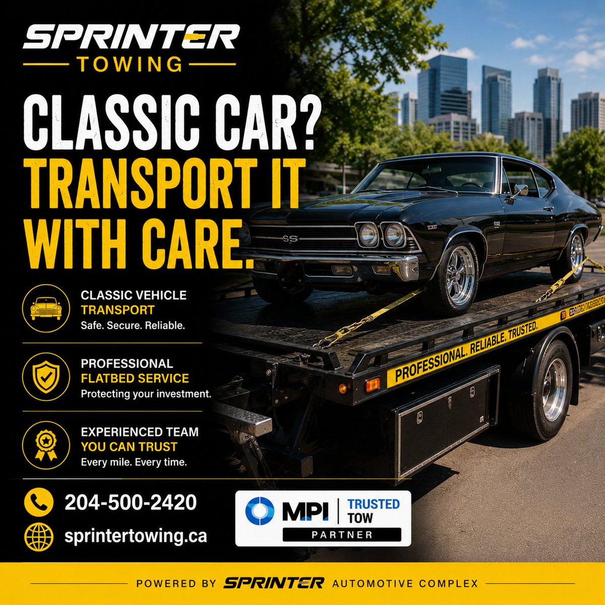 SprinterTowing's tweet photo. Classic car?

Trust a professional flatbed service.

Sprinter Towing provides transportation for collector vehicles throughout Winnipeg.

📞 204-500-2420

https://t.co/K1DscBYeJa

#Winnipeg #ClassicCars #CollectorCars #SprinterTowing https://t.co/QZfFQwHXBl