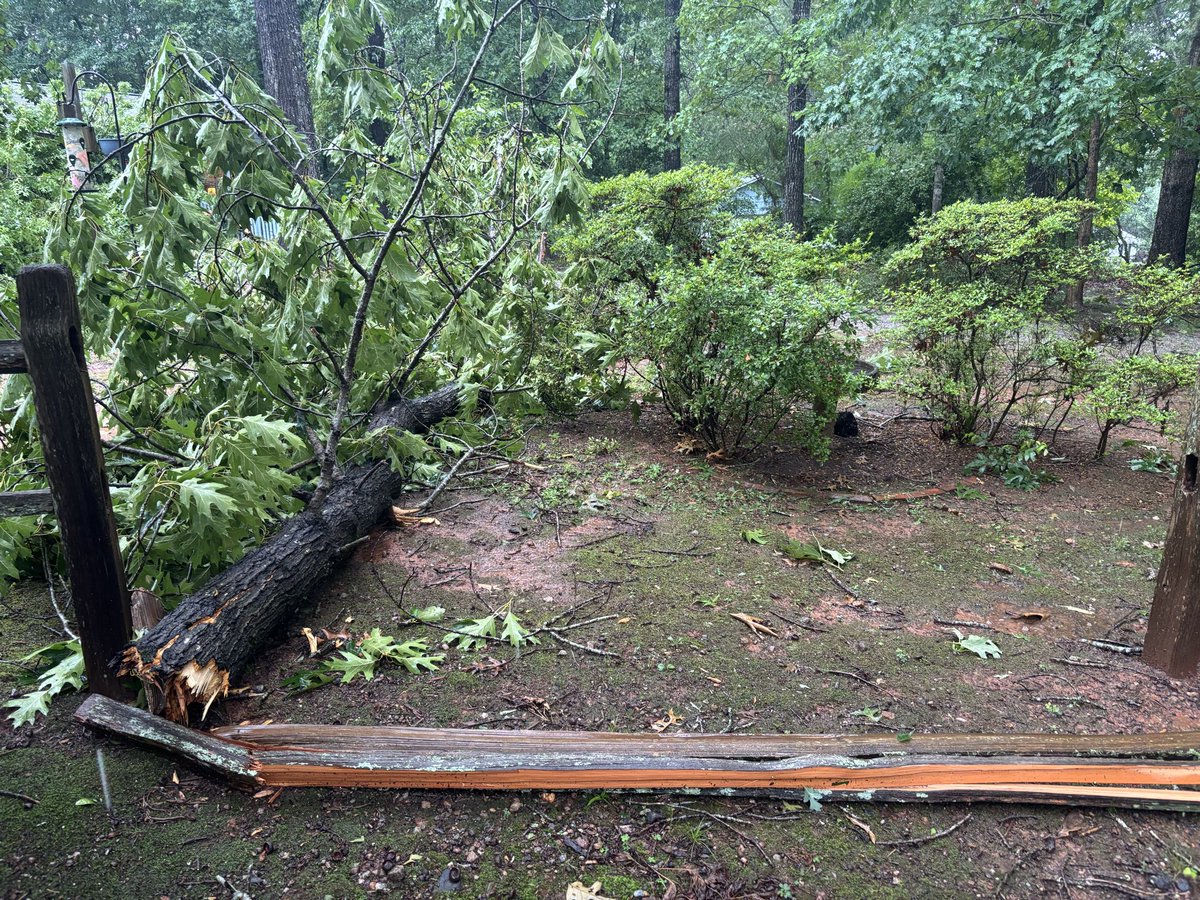 TyphoonWhit's tweet photo. Large tree down in my yard. Did some minor structural damage to the house, fencing and some outdoor furniture. Happened during the severe warned storm around 5pm this afternoon. @NWSAtlanta https://t.co/QnRZ8qpcjv