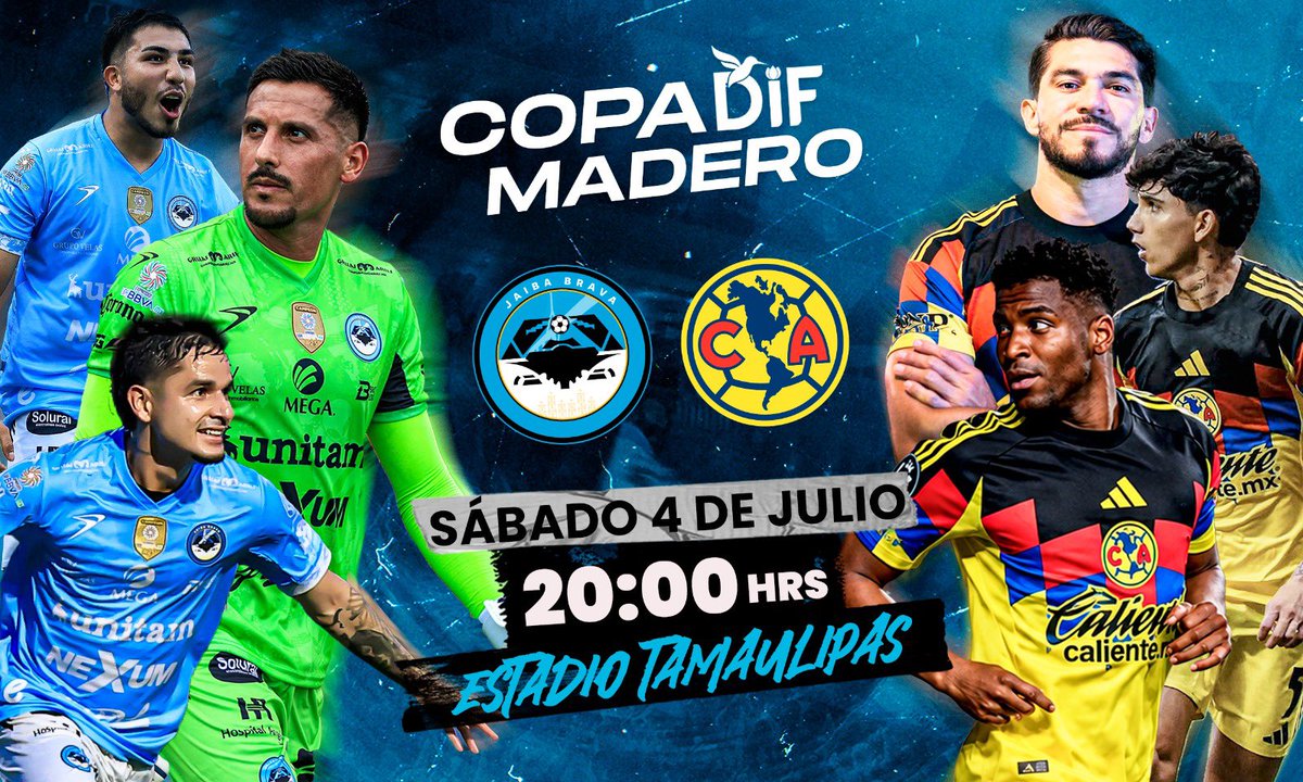 JaibaBrava_TM's tweet photo. 🫡 ¡NOS VEMOS EL SÁBADO 4 DE JULIO 🆚 CLUB AMÉRICA! 🔥

🏆 Copa DIF Madero
🏟️ Estadio Tamaulipas 
🕕 20:00 Hrs 

➡️ Pendientes a nuestras redes para la información de venta de boletos 🎫

#YoSoyCeleste 💙🦀 https://t.co/2cZQGJkcBY