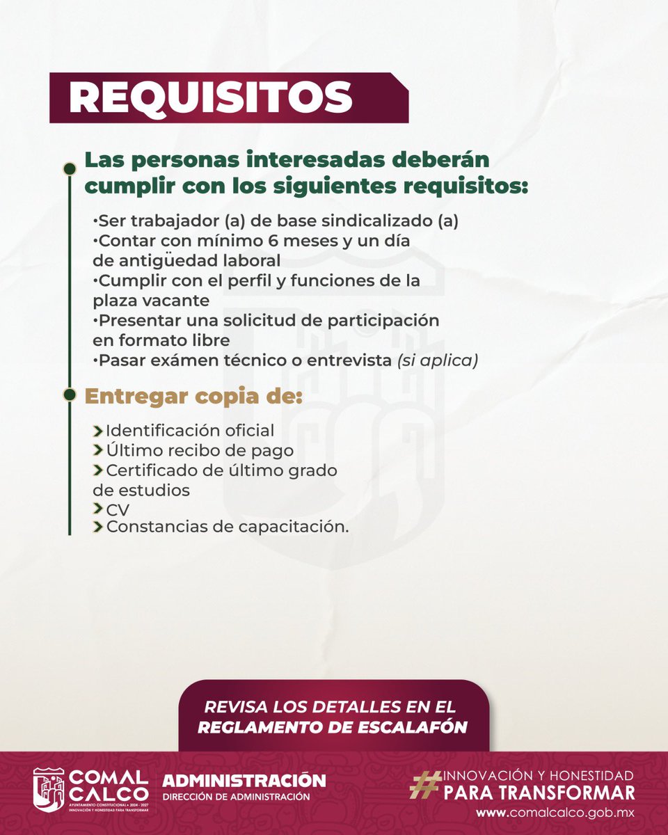 ComalcalcoMX's tweet photo. 📑 Recepción de documentos:

📅 Del 18 de junio al 02 de julio de 2026.
📍 Oficinas del Sindicato donde se encuentra afiliado.

Te invitamos a consultar detenidamente la convocatoria para conocer:

📌 Ascensos disponibles para diversas categorías laborales.
📌 Periodo de evaluación.
📌 Publicación de resultados.
📌 Criterios de evaluación.
📌 Requisitos de participación.

#ConvocatoriaEscalafón #ComalcalcoAvanza #RRHH
