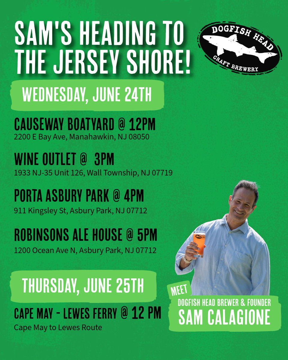 dogfishbeer's tweet photo. Pssst ...if you're going to be at the Jersey Shore on June 24 and 25, come see us! Sam's heading to some spots around Asbury Park AND hitting the bar on the Cape May Lewes Ferry, so swing by, say hi and share a pint with us. We'll have samples, giveaways and plenty of goodness! https://t.co/6YRMtWcM6I