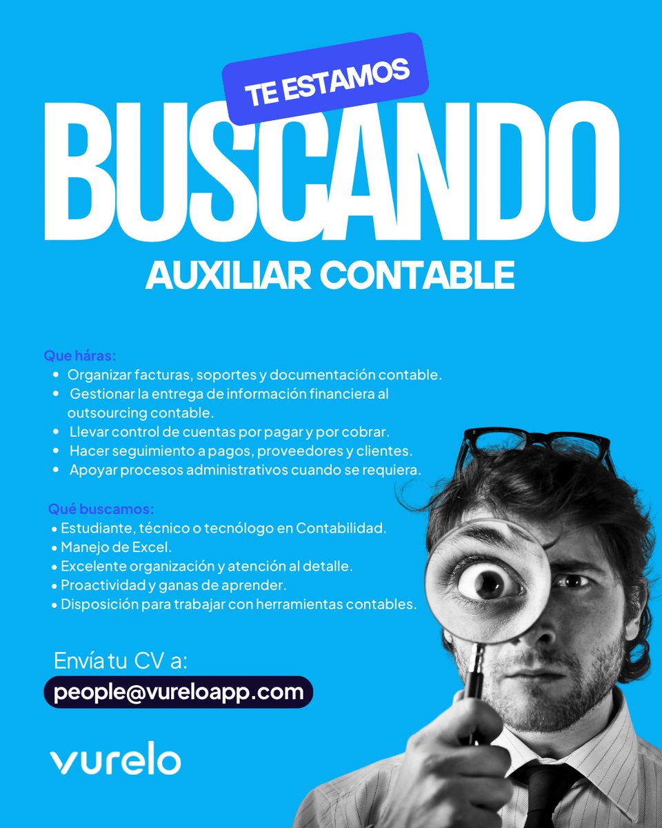 vureloapp's tweet photo. Seguimos creciendo y queremos sumar nuevo talento a nuestro equipo.

Estamos buscando un Auxiliar Contable que nos ayude a fortalecer nuestros procesos y acompañar el crecimiento de vurelo.

📍 Bogotá
🏢 Modalidad presencial

Envía tu CV a:
people@vureloapp.com https://t.co/N5QtcZ4y9d